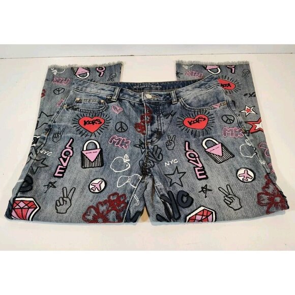 Michael Kors Graffiti Embroidered Cropped Jeans Women's Size 6 NYC HTF Hippie - Picture 1 of 10